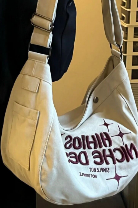 Beige Embroidery Women&amp;#039;s Shopping Bag Shoulder Carrying Bag Large Capacity Designer Handbag Crossbody Beige Bag Canvas
