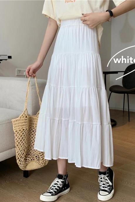Spring Summer Women Chiffon Skirts Vintage High Waist Elastic Patchwork White Black Chic Long Cake A-line Skirt For Student