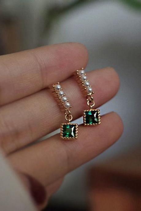 Accessories For Women Square Green Zircon Pearl Stud Earrings For Women Birthday Wedding Korean Jewelry Gift
