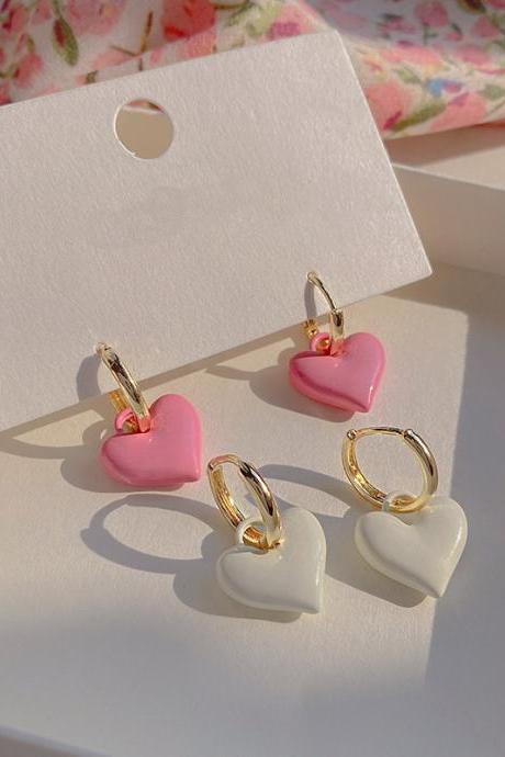 Sweet White Pink Peach Heart Hoop Earrings Y2k Style Aesthetic Jewelry For Women Korean Cute Metal Circle Earrings Girls Gift