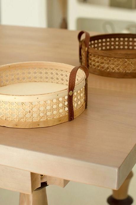 Rattan Woven Storage Basket Home Living Room Round Placing Tray For Fruit Bread Breathable Desktop Organizer