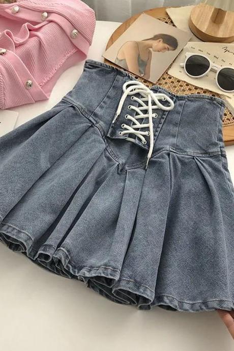 Fashion Lace Up High Waist A-line Women Skirts Y2k Anti-glare Denim Pleated Skirt Ladies All-match College Style Mini Skirt Girl