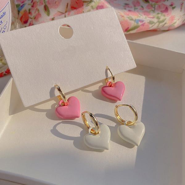 Sweet White Pink Peach Heart Hoop Earrings Y2k Style Aesthetic Jewelry For Women Korean Cute Metal Circle Earrings Girls Gift