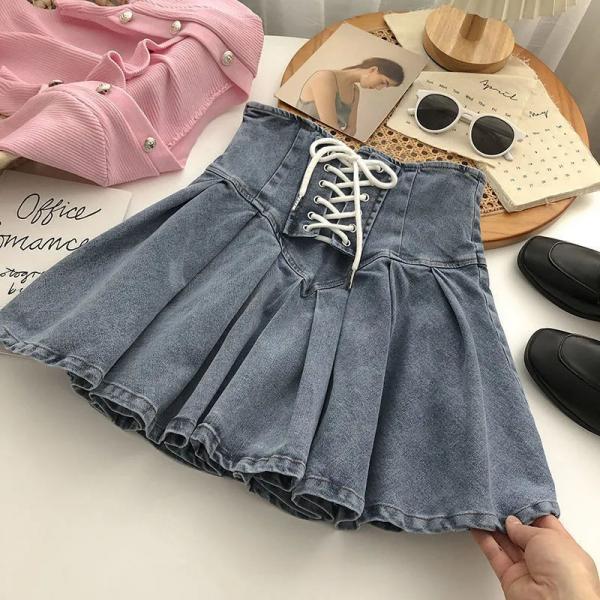 Fashion Lace Up High Waist A-Line Women Skirts Y2K Anti-Glare Denim Pleated Skirt Ladies All-Match College Style Mini Skirt Girl